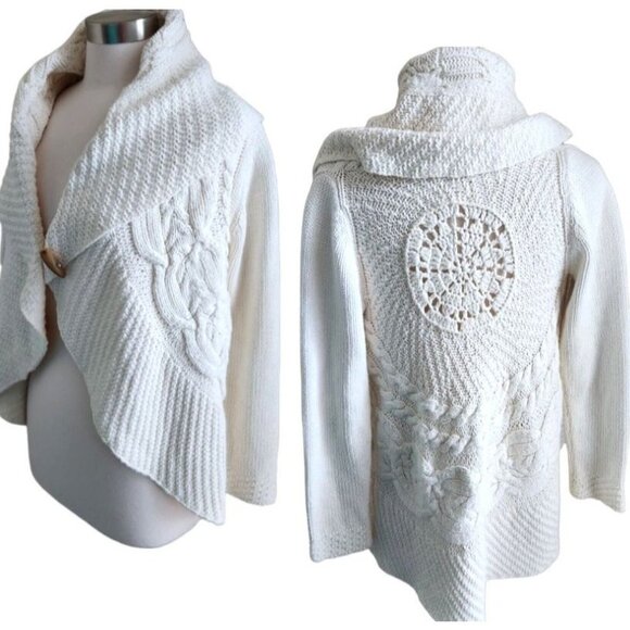 J. Jill Womens Cardigan Size XS Ivory Crochet Circle Pattern Cotton Sweater - Picture 12 of 12